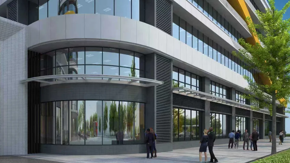 Glass curtain wall entrance and ground-floor showroom of the Maibahe office building