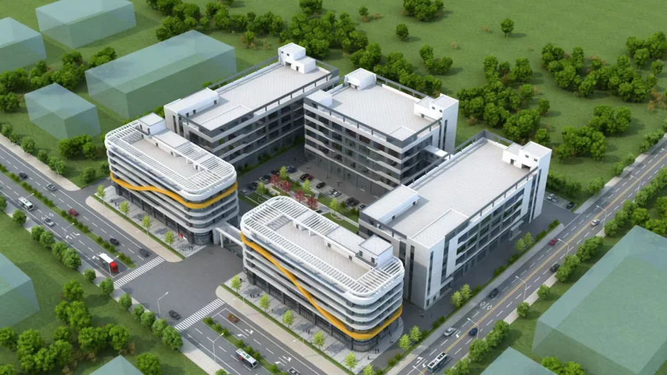 Aerial view of the Maibahe campus showing factory buildings, landscaped grounds and logistics access roads