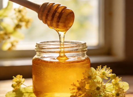 Golden linden honey dripping from a wooden dipper into a glass jar
