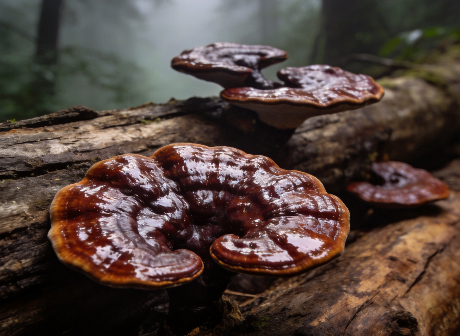 Fresh reishi lingzhi mushrooms growing on hardwood logs in forest