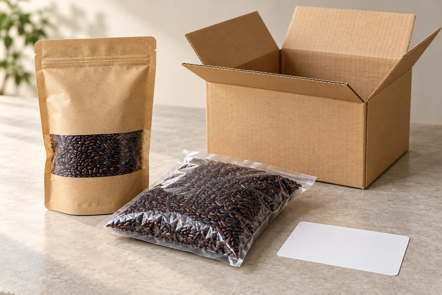 Unbranded black rice pouches beside a plain shipping carton and blank traceability label