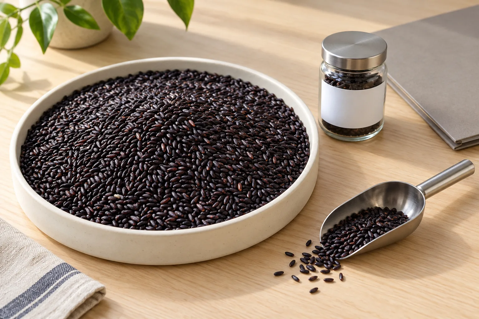 Black rice specification illustration showing dry grains in a tray beside a sample jar and plain document folder