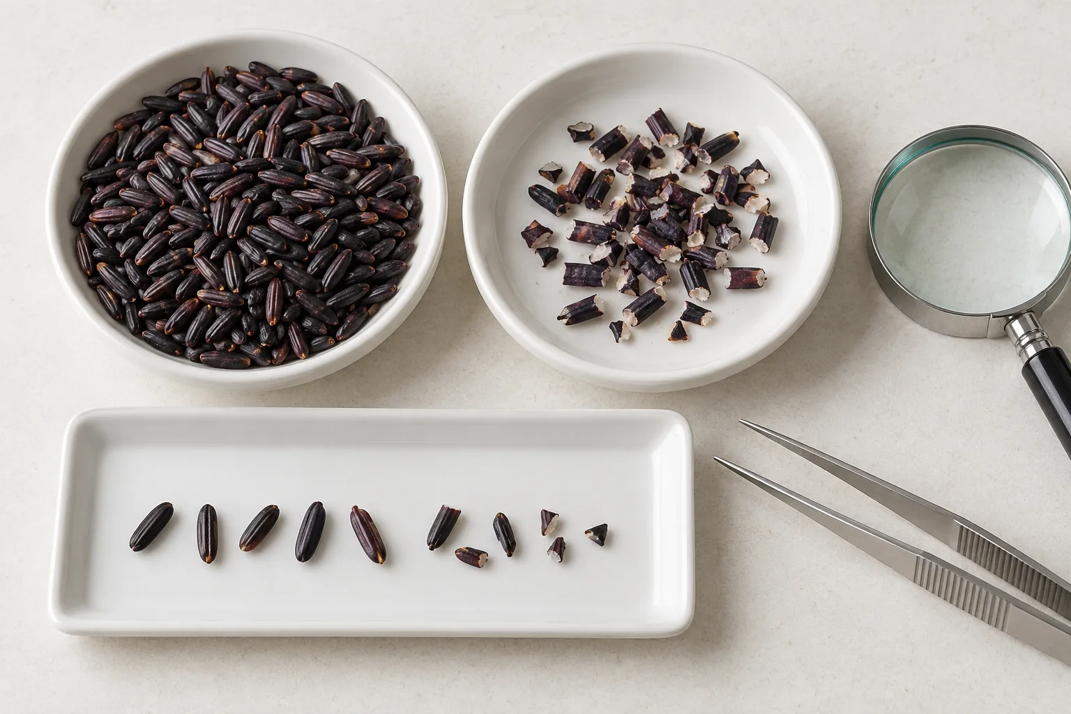 Whole black rice grains and broken pieces in white dishes beside a magnifier and tweezers
