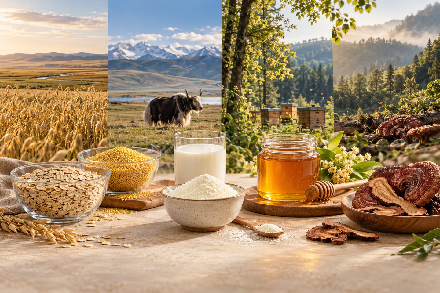 China food origin sourcing illustration with grain bowls, milk powder, honey and reishi slices