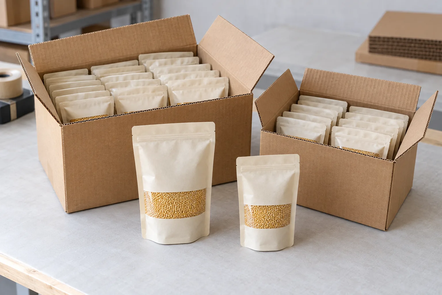 Two open corrugated cartons containing plain millet pouches, with two upright pouches in front