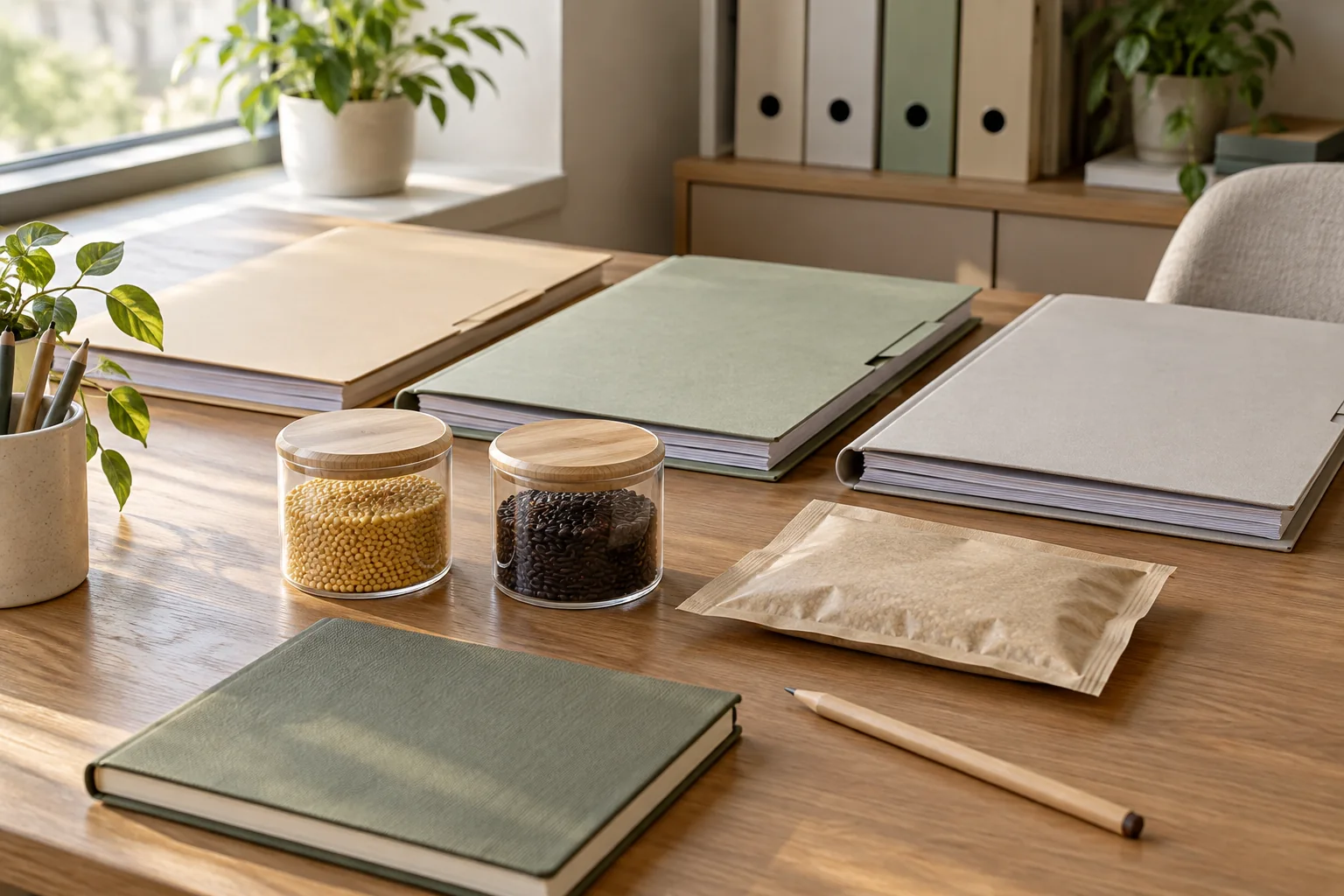 Blank document folders, a closed notebook and sealed containers of millet and dark rice on a purchasing desk