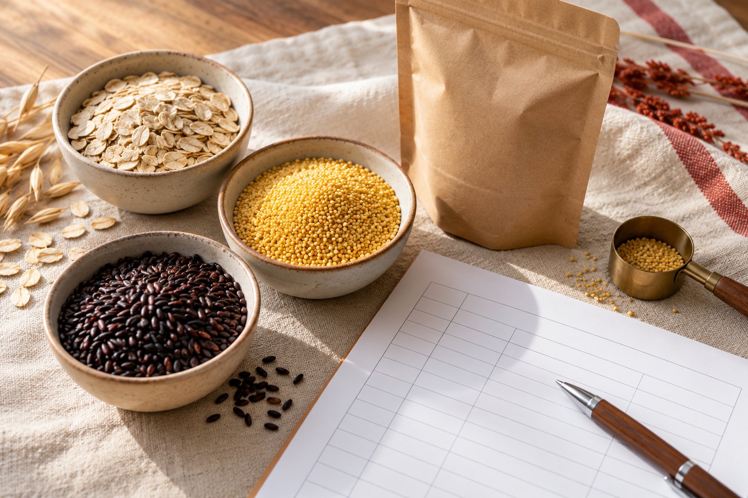 Grain RFQ checklist with illustrative oats, millet and black rice samples beside a sourcing sheet