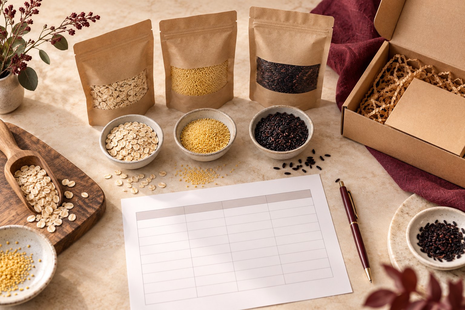 Grain supplier checklist illustration with unbranded oats, millet and black rice sample pouches and a comparison sheet