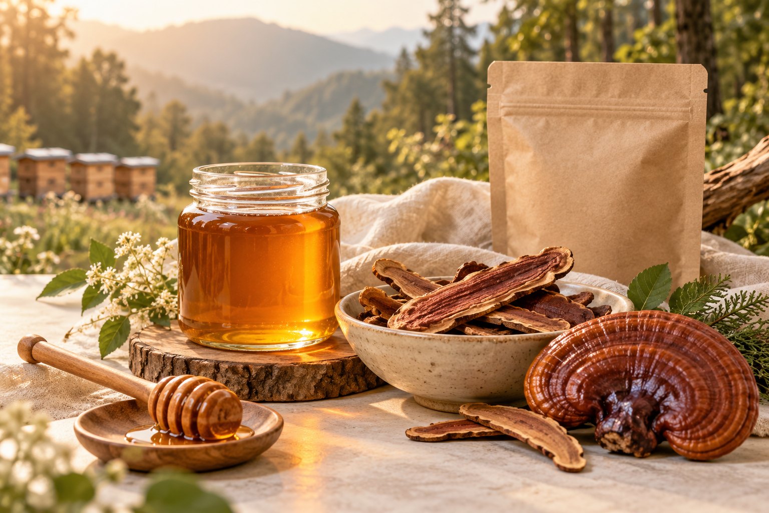 Honey and reishi sourcing illustration with an unlabelled amber honey jar and dried reddish brown lingzhi slices