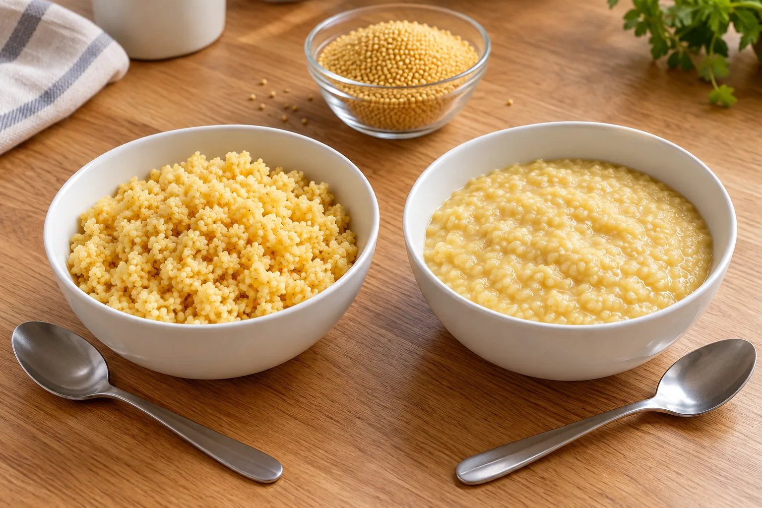 Millet sample approval cooking illustration comparing fluffy golden grains and creamy porridge in two white bowls