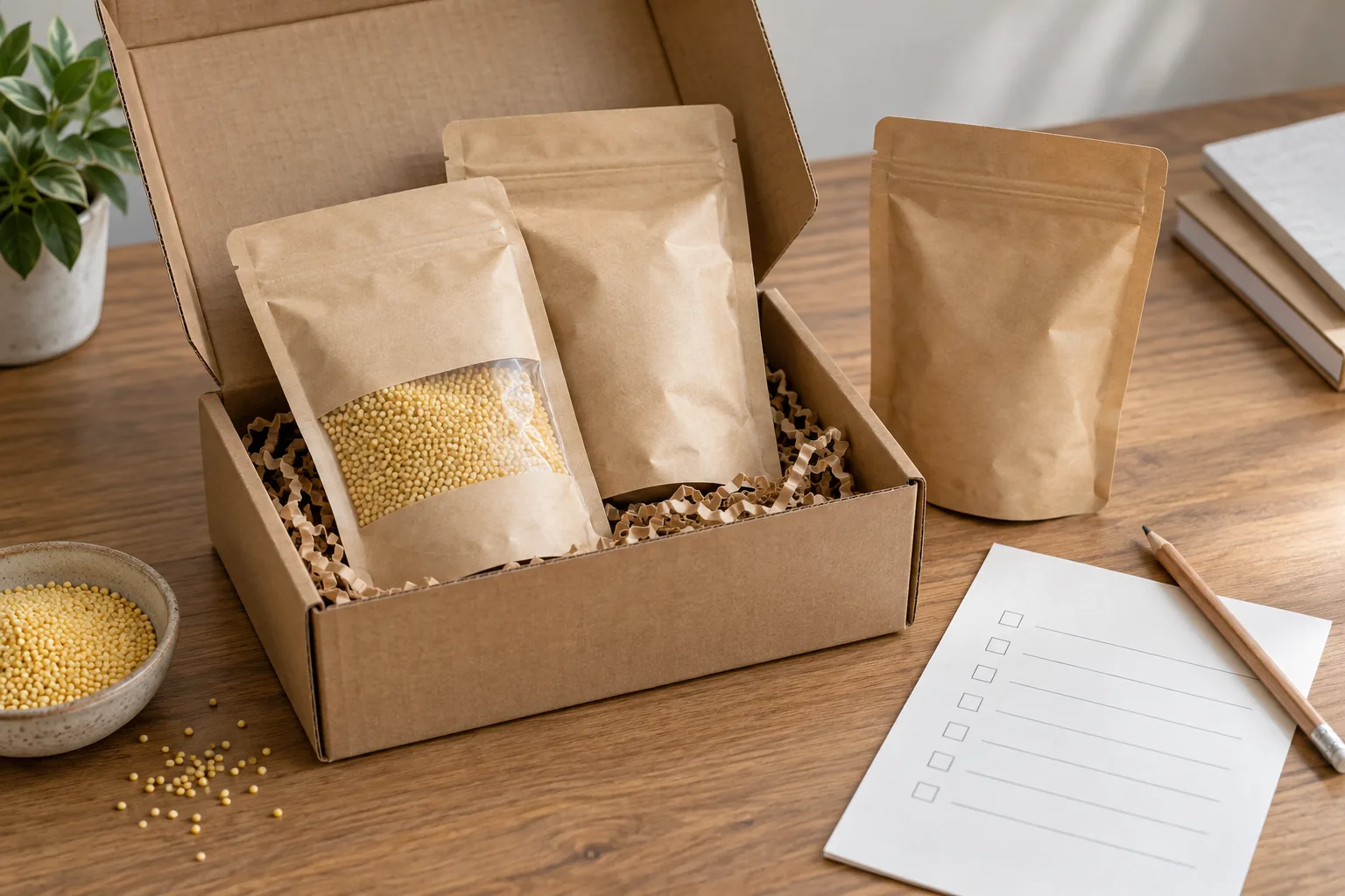 Millet sample approval packing illustration showing kraft sample pouches, golden grain, an open carton and a blank checklist