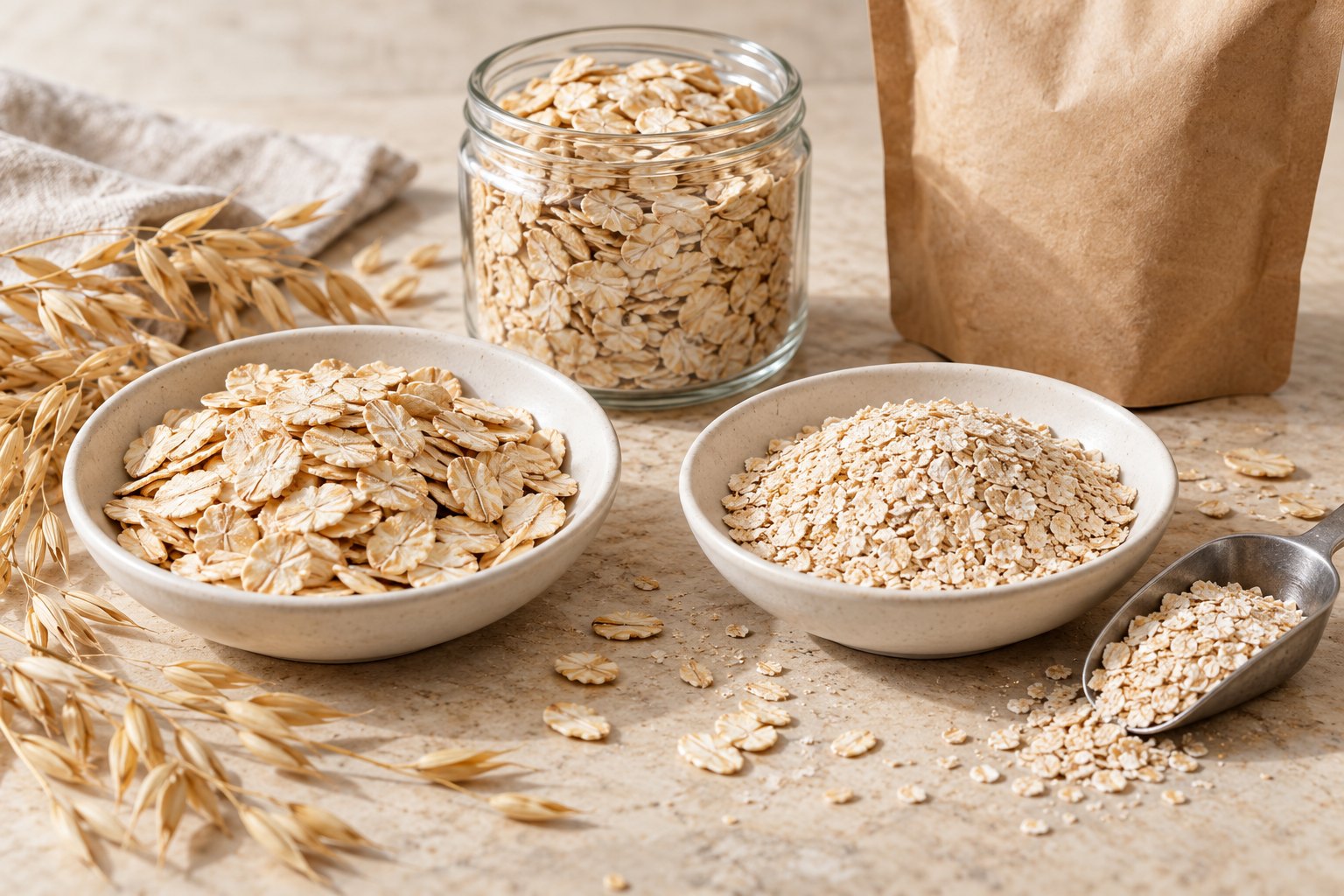 Rolled oats specification illustration comparing larger flakes and finer oat flakes with an unbranded sample pouch